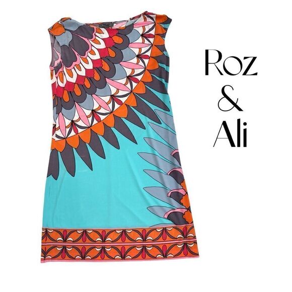 ROZ & ALI Turquoise Sheath Dress with gray/Orange mosaic design Sz 6 EUC​ - Picture 1 of 12
